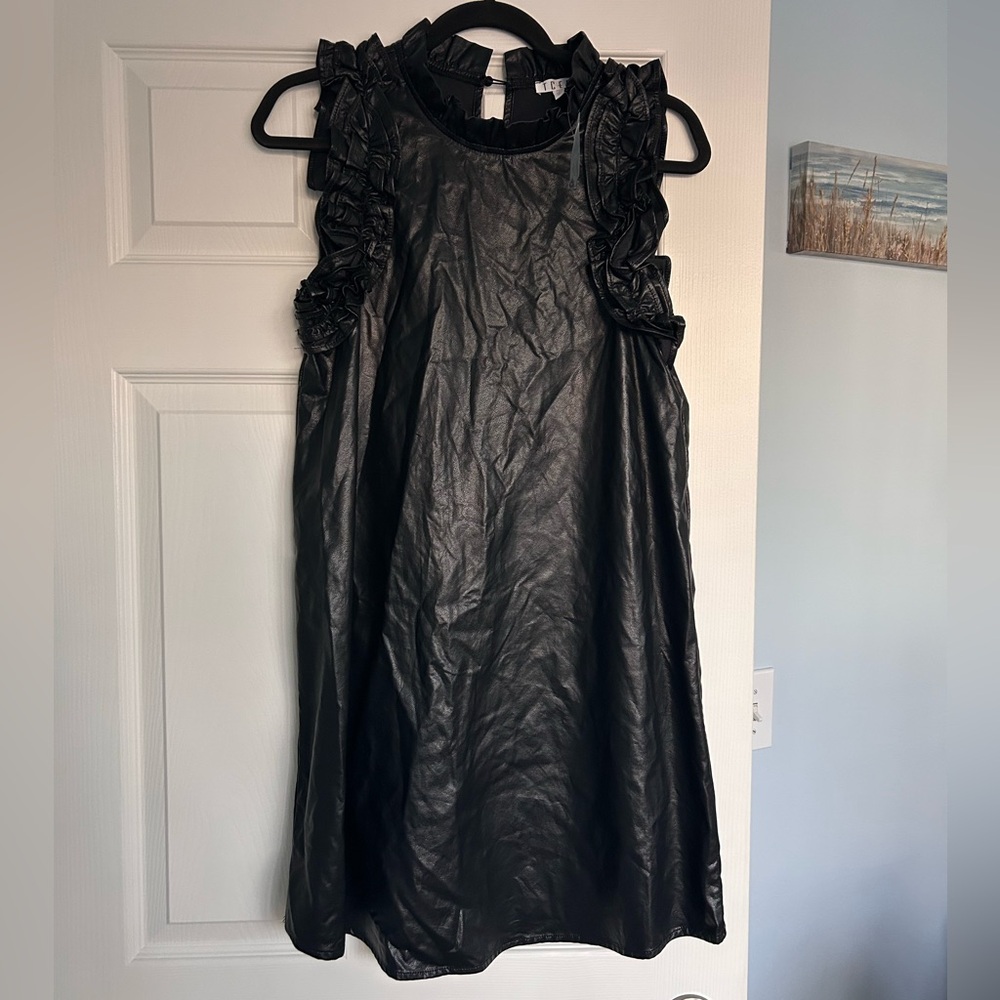 TCEC Black Faux Leather Ruffle-Shoulder Dress